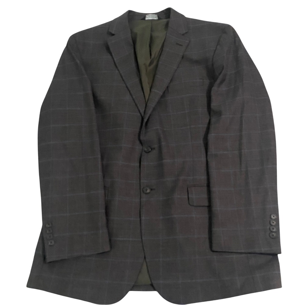 Jos A Bank Traveler Mens 44 Long Gray Windowpane Wool Blend Sport Coat Blazer